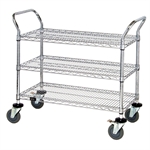 Picture for category <p>Easily move large loads with these tough, mobile utility carts.</p>
<ul style="list-style-type: square;">
<li>Give versatility to any operation: labs, food service, hospitals and manufacturing.</li>
<li>Includes four <a href="http://www.usapackaging.net/p/12806/5-x-1-14-polyurethane-swivel-casters"><strong>swivel casters</strong></a> (two with brakes), two <a href="http://www.usapackaging.net/p/12795/72-x-24-wire-shelves"><strong>wire shelves</strong></a>, two u-handles and four <a href="http://www.usapackaging.net/p/12807/donut-bumpers-for-swivel-casters"><strong>donut bumpers</strong></a>.</li>
</ul>